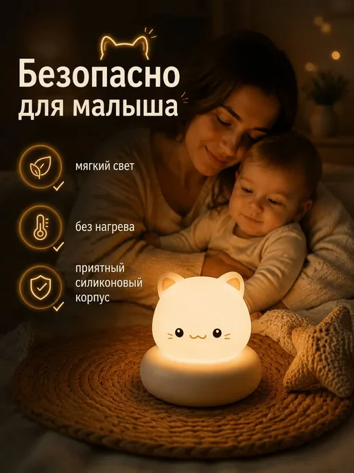 Ночник детский для сна настольный котик, вариант, фото 5