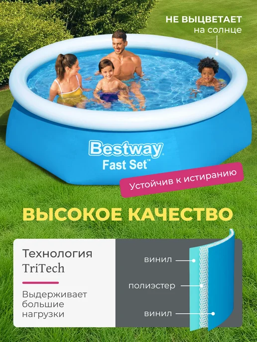 Bestway Бассейн надувной 244х61см с фильтр насосом круглый 57450, голубой, фото 5