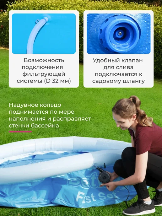 Bestway Бассейн надувной 244х61см с фильтр насосом круглый 57450, голубой, фото 8