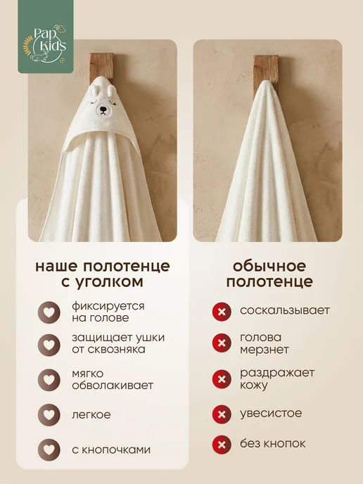 PAP KIDS Полотенце уголок для новорожденного с капюшоном, белый, фото 6