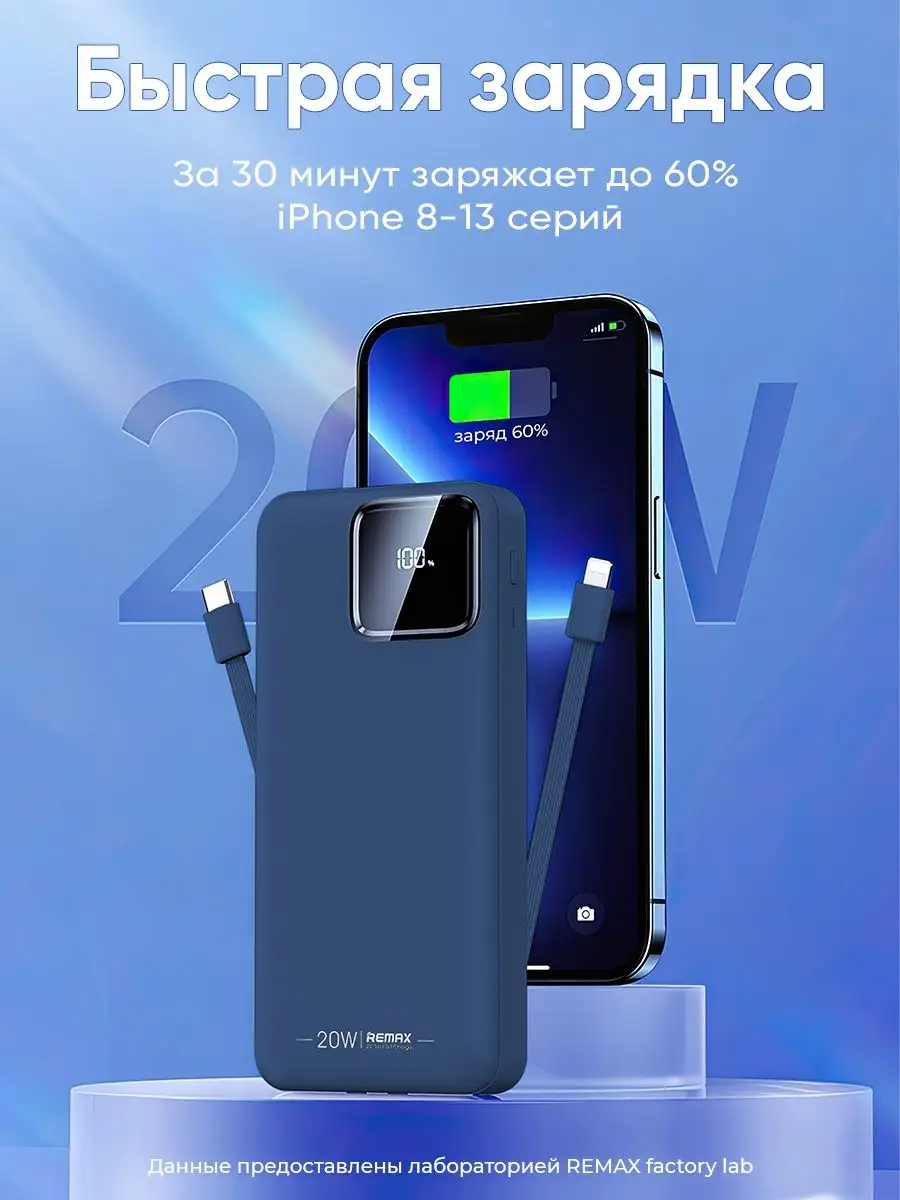 Power bank 20000 мАч Внешний аккумулятор с проводами REMAX 150758312 купить  в интернет-магазине Wildberries