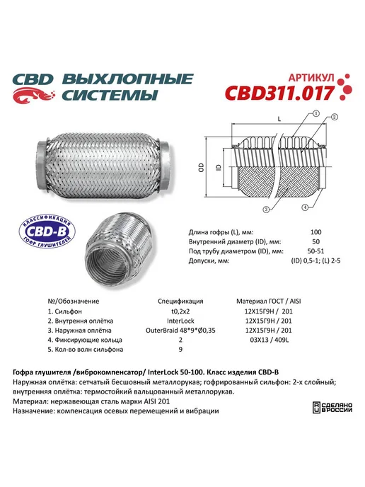 CBD Гофра (сильфон) глушителя 50х100 мм 3х-слойная InterLock, 50x100 мм