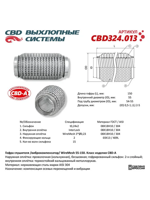 CBD Гофра (сильфон) глушителя 55х150 мм 3х-слойная WIRE MESH, 55x150 мм