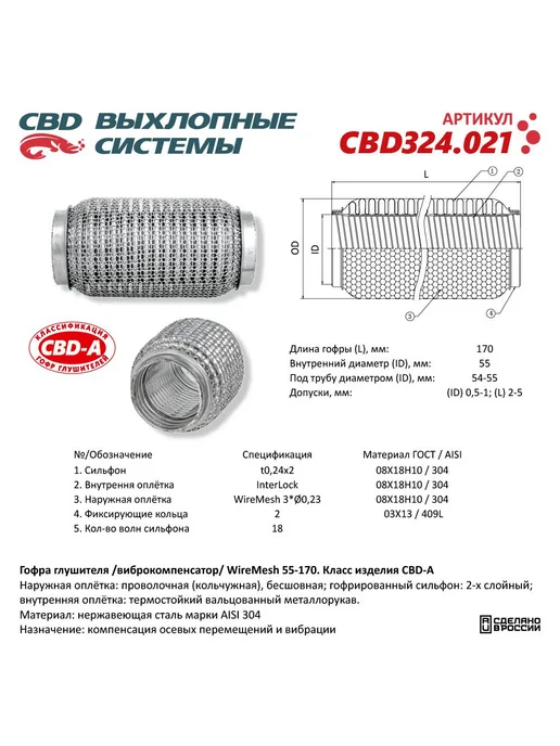 CBD Гофра (сильфон) глушителя 55х150 мм 3х-слойная WIRE MESH, 55x170 мм