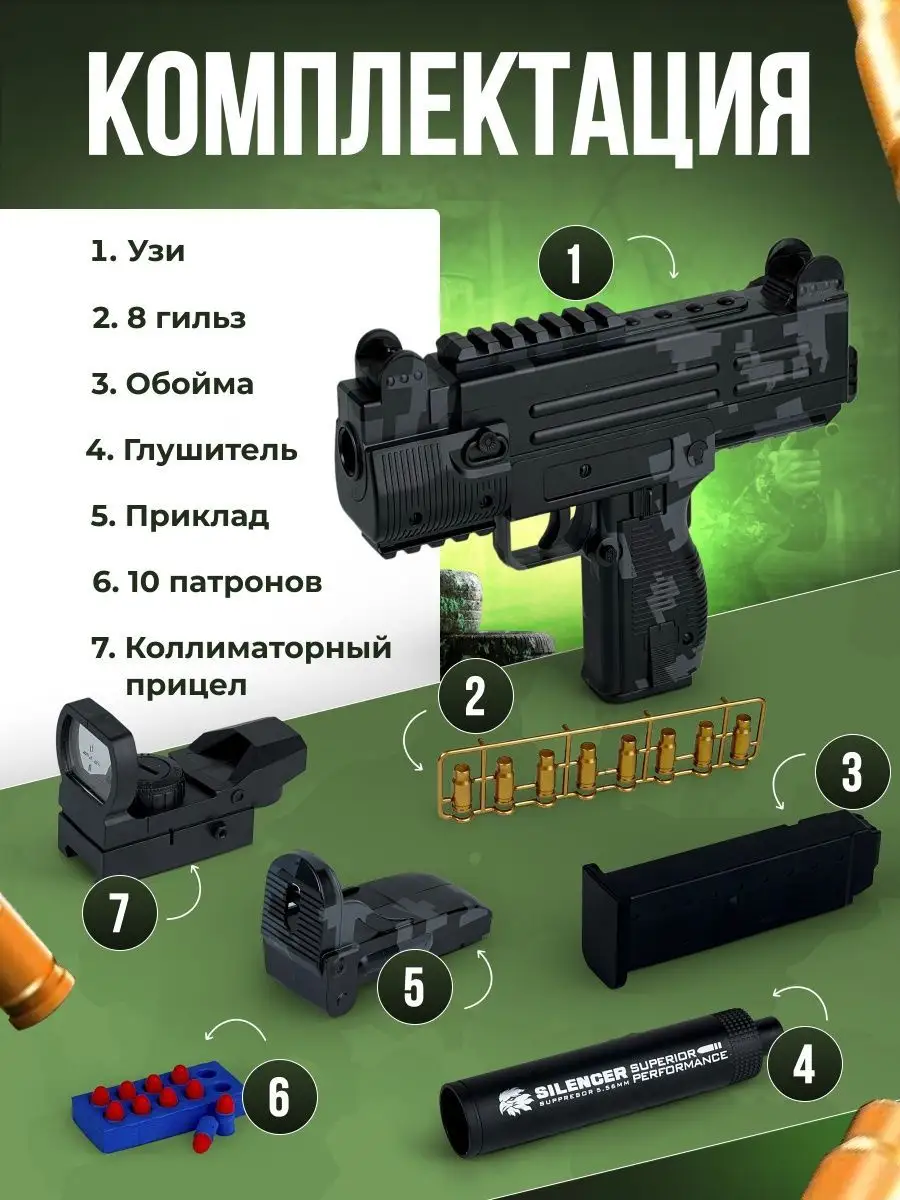 Пистолет с пульками и гильзами, игрушечное оружие Uzi Referned 150933369  купить в интернет-магазине Wildberries