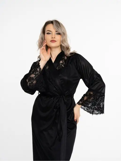 LIKA KG Пеньюар красивый кружевной с халатом, черный, фото 2