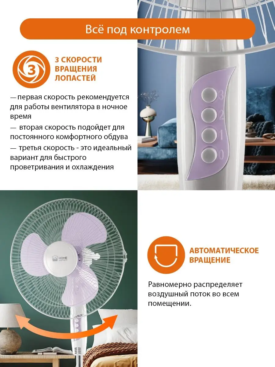 Вентилятор напольный для дома, 40 см, 3 скорости, 50 Вт HOME ELEMENT  151550514 купить в интернет-магазине Wildberries