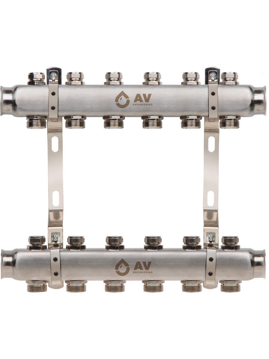 Av engineering шланг. Коллекторная группа для отопления. Коллектор отопления на 10 выходов. Коллектор из нержавеющей стали с межосевым расстоянием выходов 100 мм.