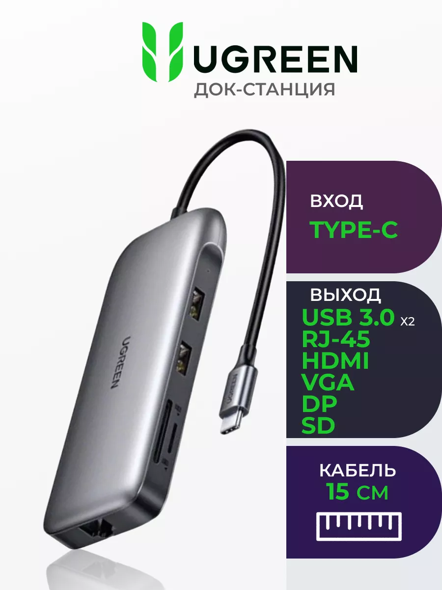 USB-C To 2xUSB 3.0 A+HDMI+VGA+DP+RJ45 Gigabit+SD/TF+PD Ugreen 151789334  купить за 6 258 ₽ в интернет-магазине Wildberries