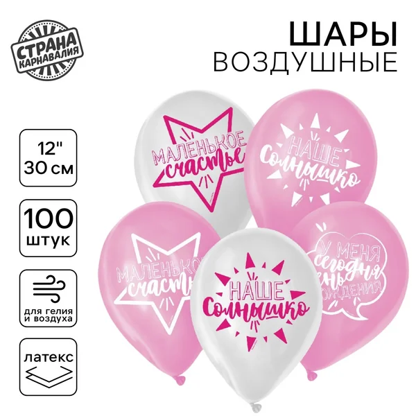 Шарики воздушные С днем рождения набор 100 штук, МИКС