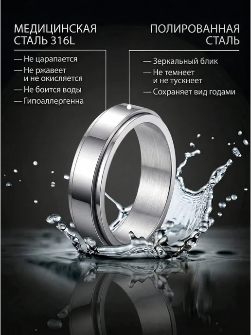 Jewellman Кольцо вращающееся антистресс, серый, фото 5