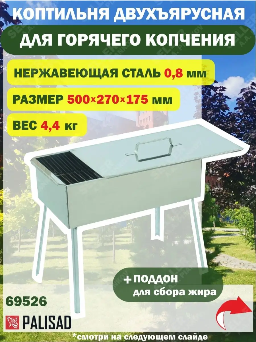 Коптильня двухъярусная с поддоном, нерж. сталь 69526