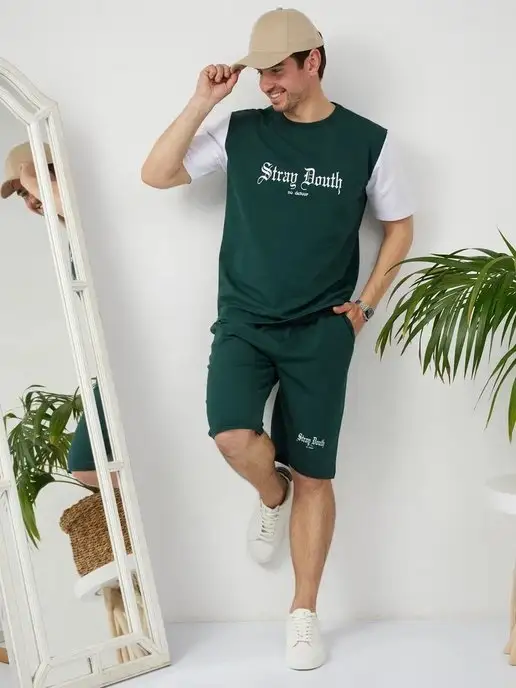 HD STORE Костюм спортивный с шортами и футболкой летний, зеленый, фото 3