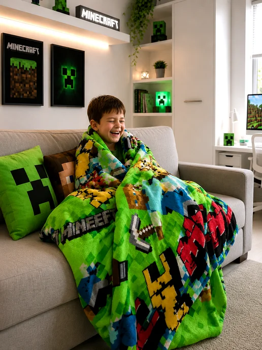 Павлинка Плед 150х200 детский пушистый на кровать на диван Minecraft, 150x200, фото 2