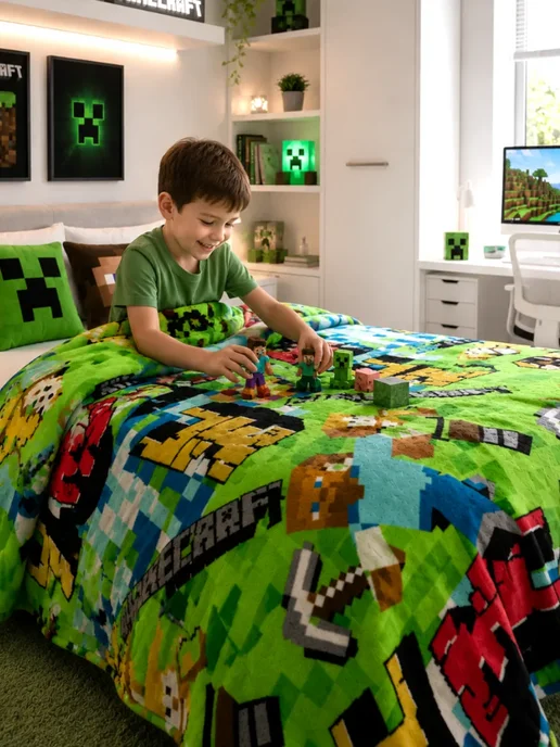 Павлинка Плед 150х200 детский пушистый на кровать на диван Minecraft, 150x200, фото 6