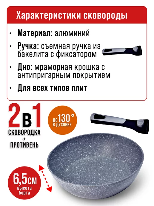 Сковорода с антипригарным покрытием и съемной ручкой, 24 см - фото 3