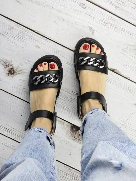 Guard-shoes Босоножки натуральная кожа, сандалии с цепью, черный, фото 2