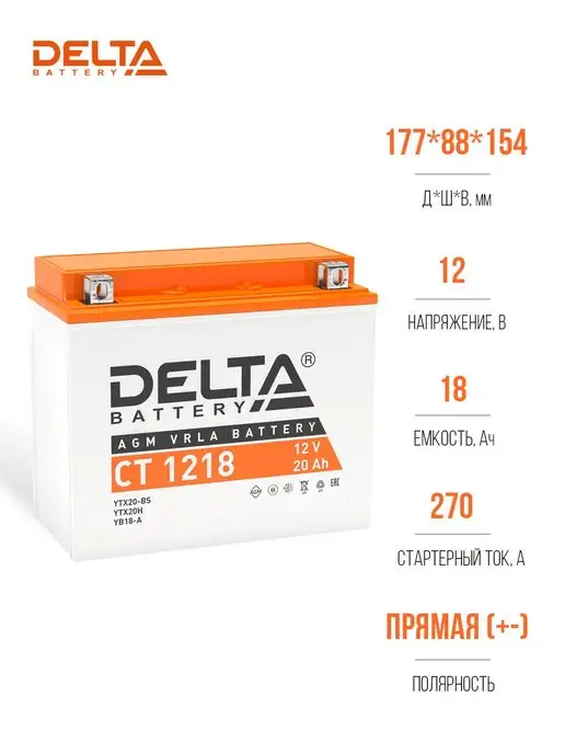 DELTA BATTERY DELTA CT 1218 Аккумулятор для мото (YTX20H, YB16-B, YB18-A)