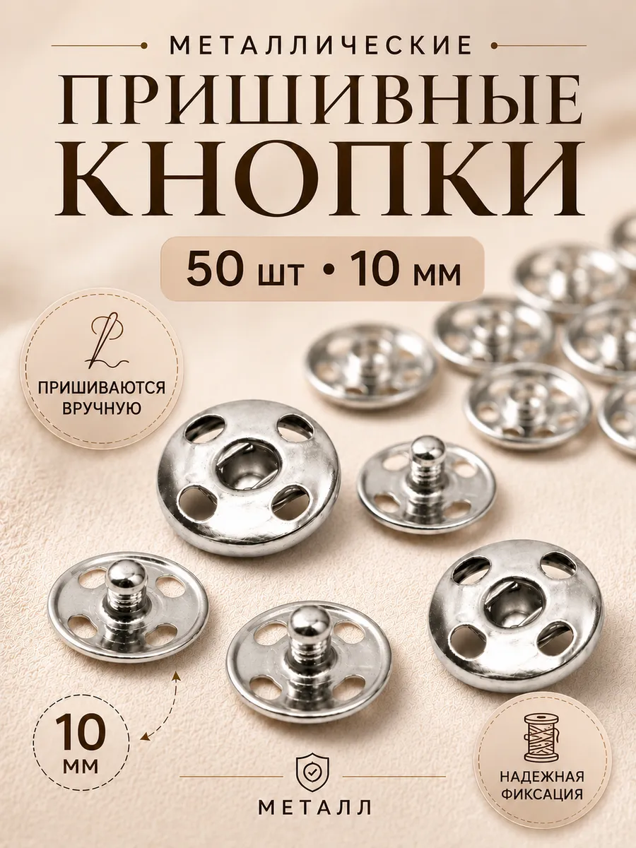 Кнопки пришивные металлические 10 мм серебро