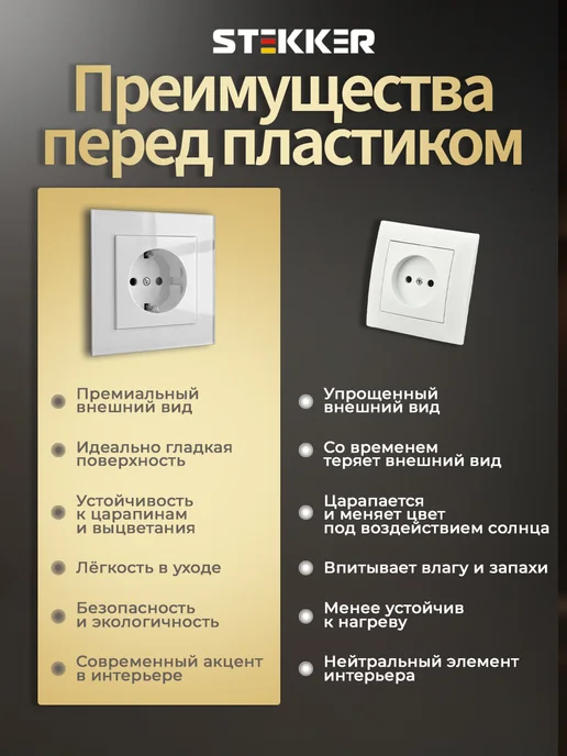 STEKKER Розетка одинарная стеклянная встраиваемая с заземлением, белый, фото 2