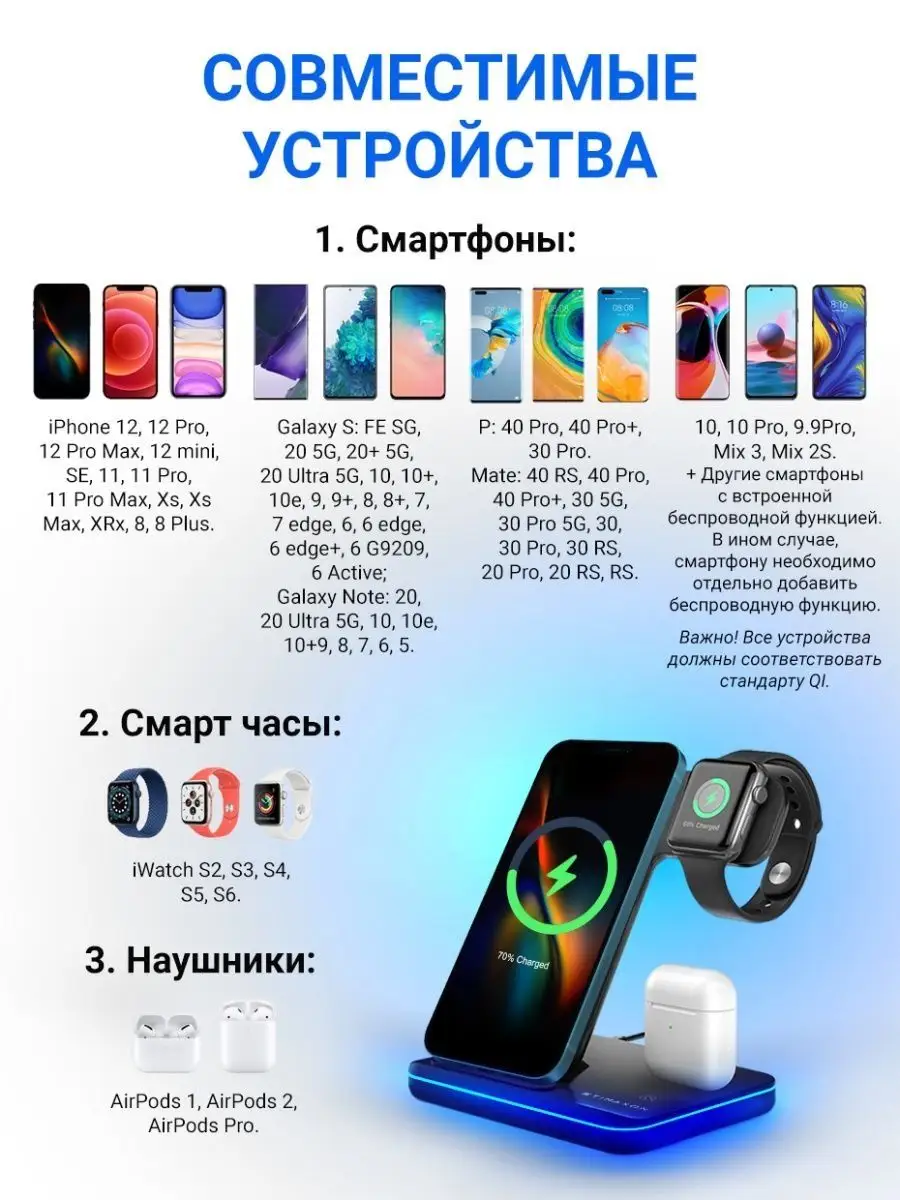 Зарядка для iphone беспроводная на 3 устройства с адаптером yWypacR  154441022 купить за 1 322 ₽ в интернет-магазине Wildberries