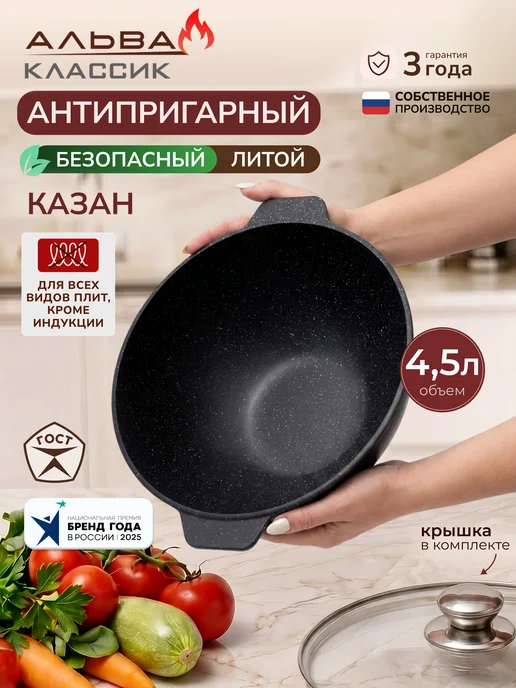 Альва Казан с крышкой 4, 5 литра антипригарный литой для плова, вариант