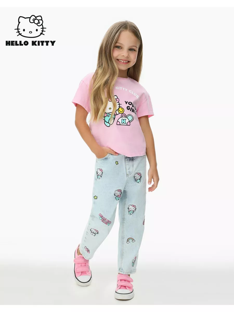 Джинсы Mom fit с принтом Hello Kitty для девочки Gloria Jeans 154888247  купить в интернет-магазине Wildberries