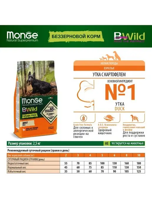 Сухой корм MONGE Bwild для собак, взрослые, мелкие, утка, 2,5 кг, фото 2