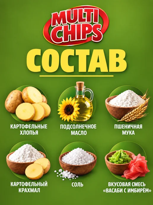 MultiChips Картофельные чипсы васаби имбирь 25 пачек по 100г, 100 г, фото 6