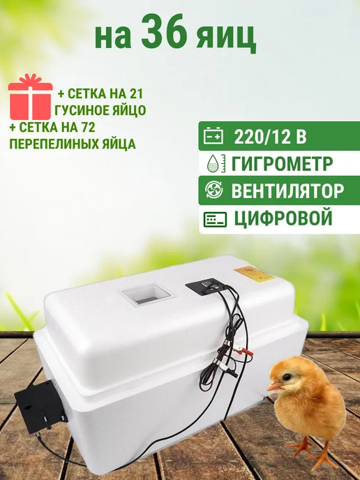 Подворье Инкубатор Несушка на 36 яиц Гигро Вентилятор 220 12, белый