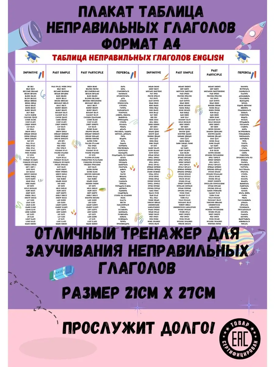 Неправильные глаголы английского языка 100 глаголов Плакат ЭНГЕЛЬ купить по  цене 169 ₽ в интернет-магазине Wildberries | 155420940
