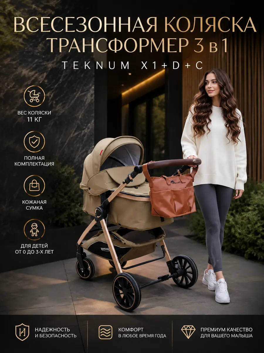 Коляска трансформер 3в1 Х1D Teknum с кожаной сумкой