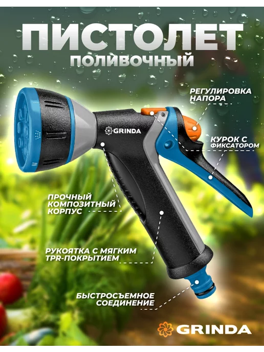 Grinda Насадка на шланг для полива пистолет распылитель, голубой, фото 2