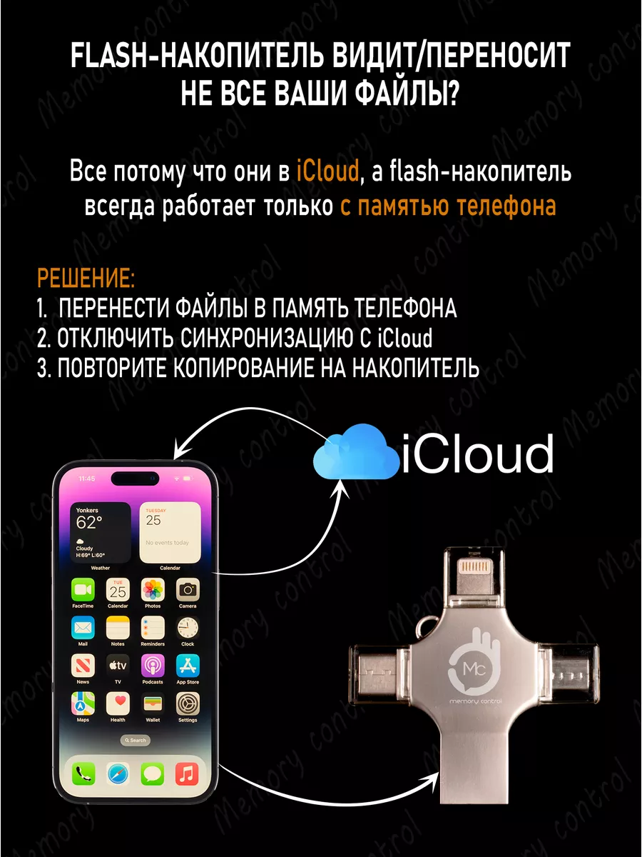 Флешка USB накопитель для iPhone Android и компьютера 128 Гб Memory control  155959668 купить в интернет-магазине Wildberries