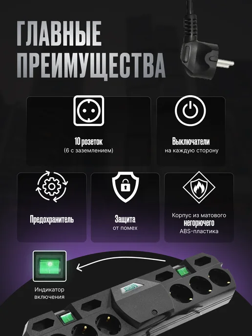 MOST Удлинитель 2 метра TRG сетевой фильтр с предохранителем, 2 м, фото 2