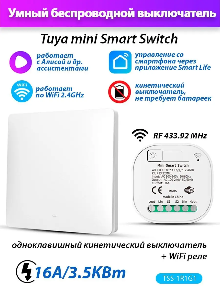 Умный кинетический выключатель (1 реле Wi-Fi + 1 выкл)