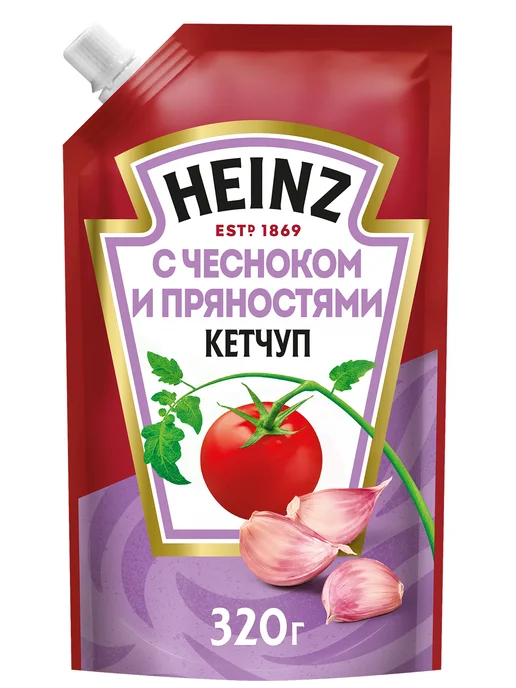 Heinz Кетчуп томатный с чесноком и пряностями, дой-пак, 320г, 320 г