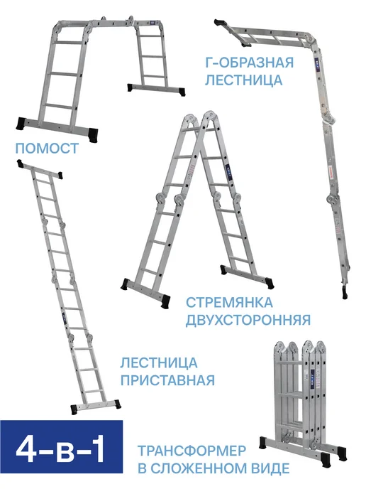 KROFT Лестница-трансформер PRO алюминиевая 4х4 ст. ширина 400 мм, вариант, фото 3