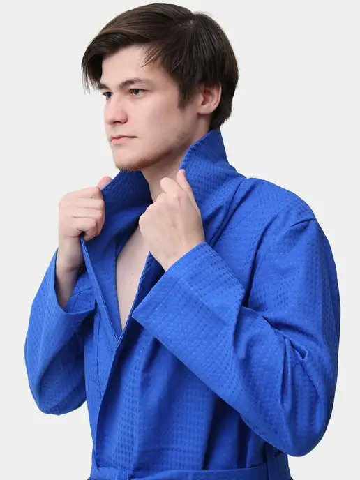 Халат банный, вафельный мужской, домашний, 100% хлопок, синий, фото 3