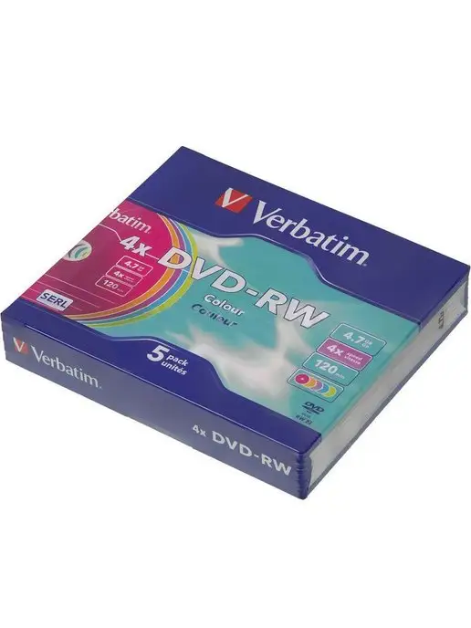 Verbatim Диск для записи DVD-RW 4.7Gb Slim Case Colour 5шт, 4,7 ГБ, 5 шт, фото 2