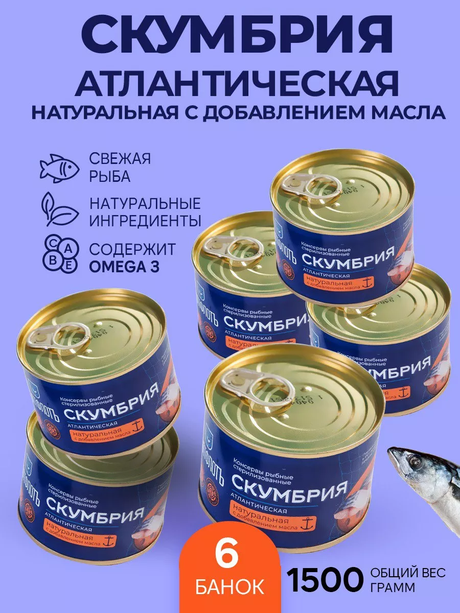 Скумбрия атлантическая в масле 250 гр - 6 шт БалтФлот 157920119 купить за  831 ₽ в интернет-магазине Wildberries