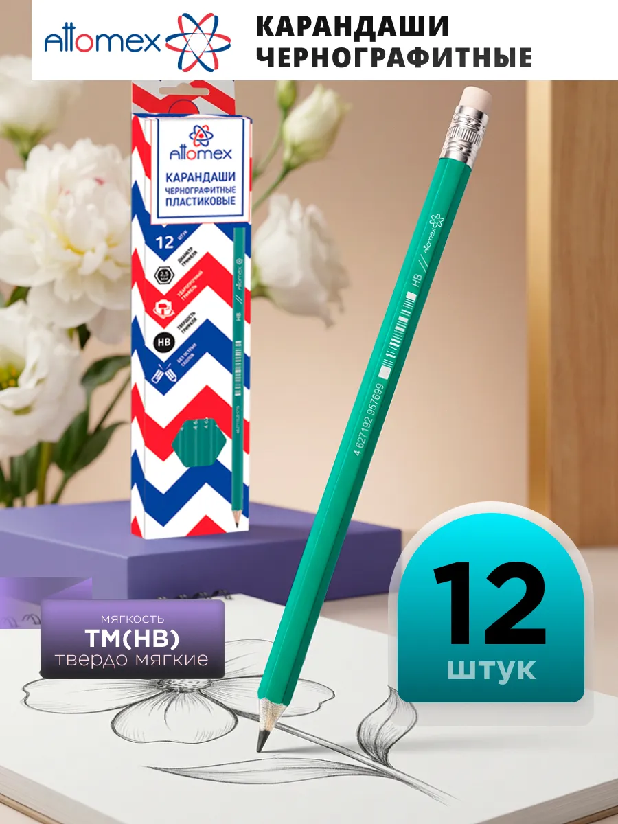 Карандаши простые чернографитные HB ТМ 12 штук
