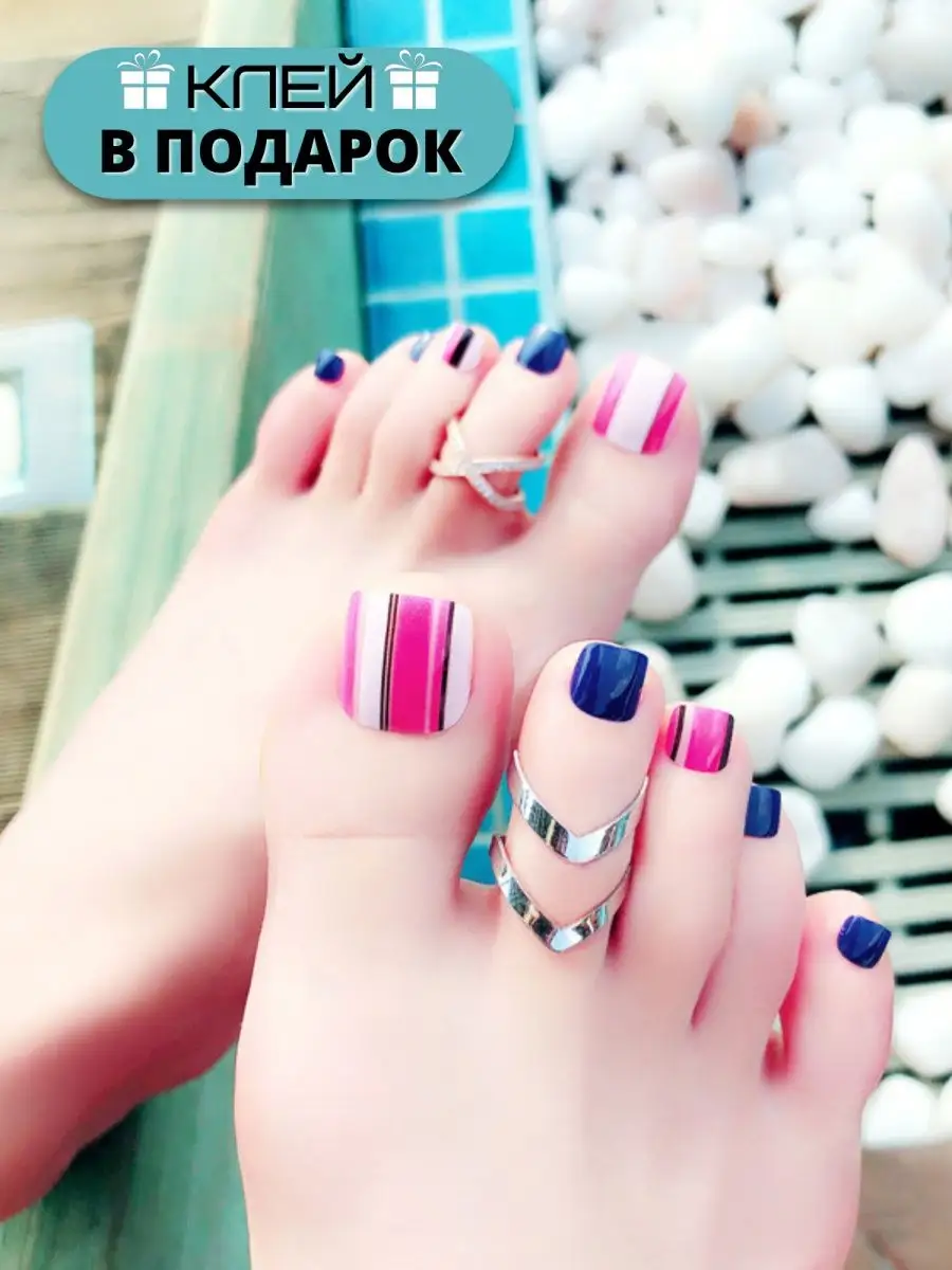 Накладные ногти на ноги с дизайном и клеем гелевые короткие Jili nails  158520559 купить в интернет-магазине Wildberries