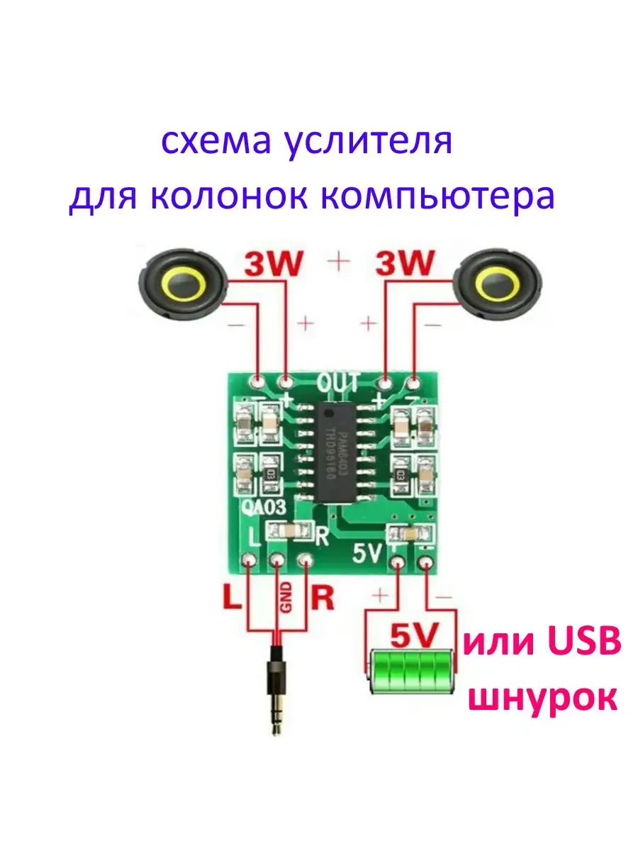 Плата усилителя звука PAM8403, 5 В, 2 канала, 3 Вт, регулятор громкости, USB
