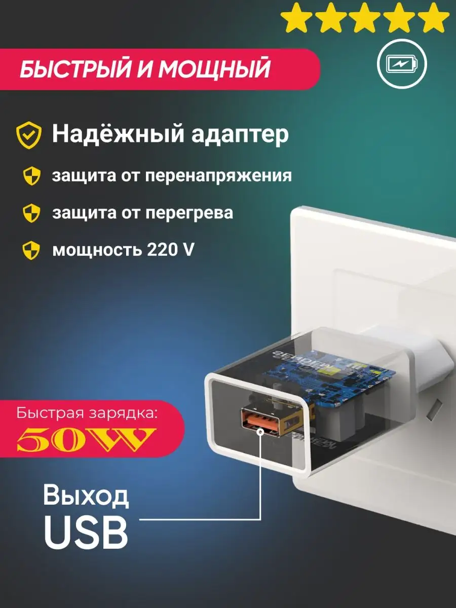 Адаптер для быстрой зарядки телефона USB 50W TECHNOROOM 158711779 купить за  549 ₽ в интернет-магазине Wildberries