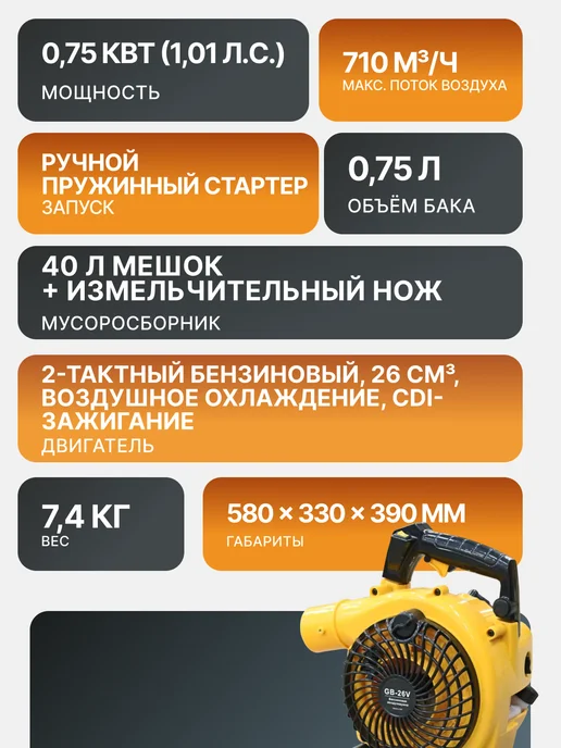 Воздуходувка бензиновая мощная с мешком GB-26V — фото 3