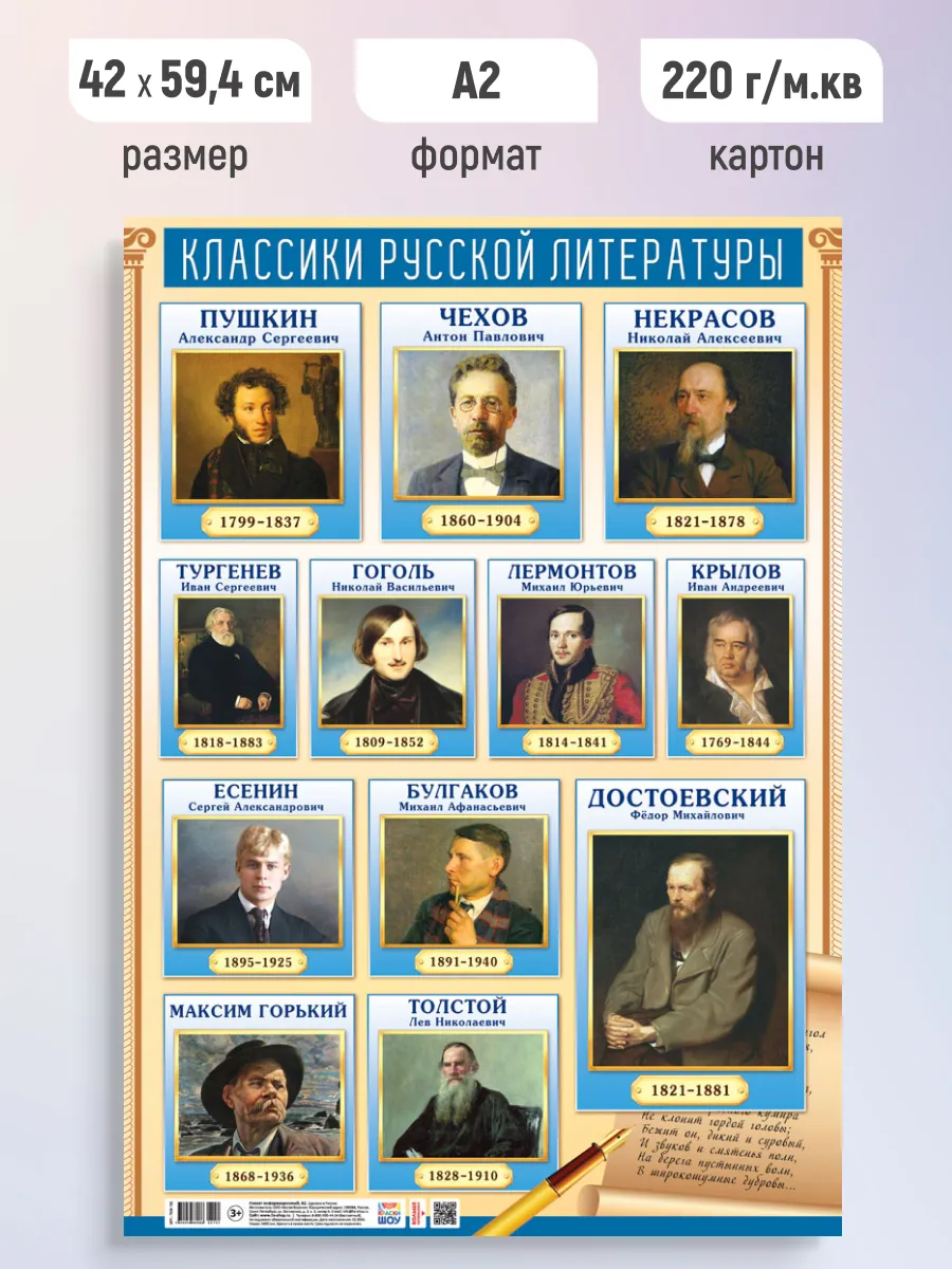 Обучающий плакат Классики русской литературы, постер А2