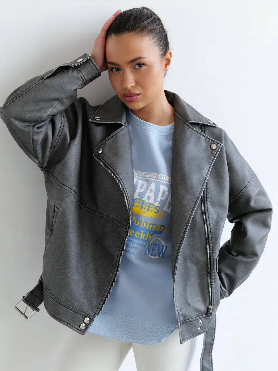Косуха винтажная куртка кожаная oversize серая