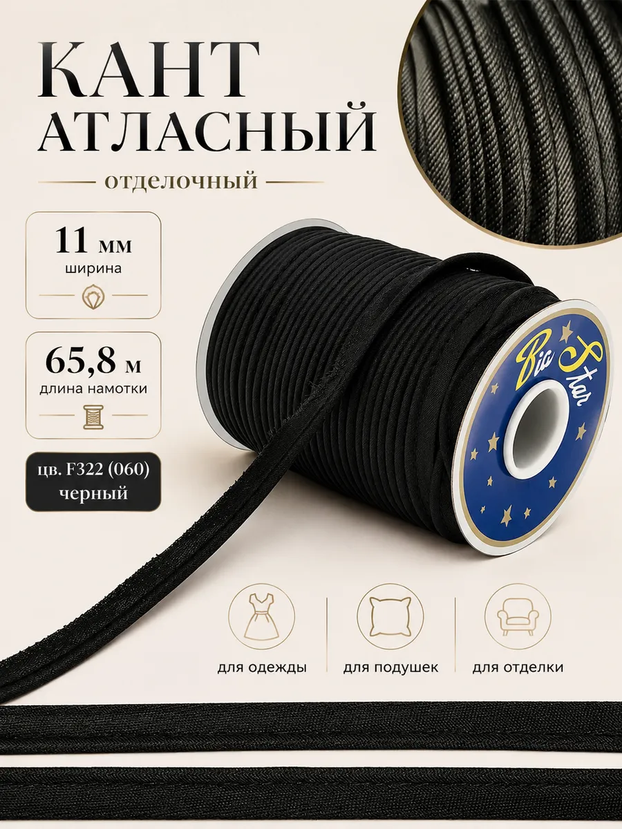 Кант атласный 11 мм со шнуром 3 мм черный 65,8 м