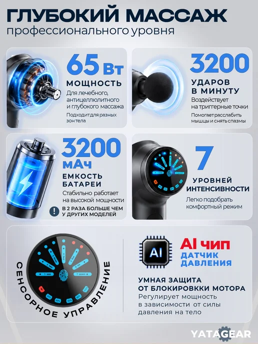 YATAGEAR Перкуссионный массажер для спины и тела массажный пистолет, серый, фото 2